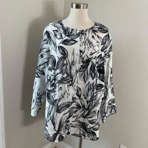 C&C California Womens Plus 1X 100% Linen Black White Floral Button Up Tunic Top
